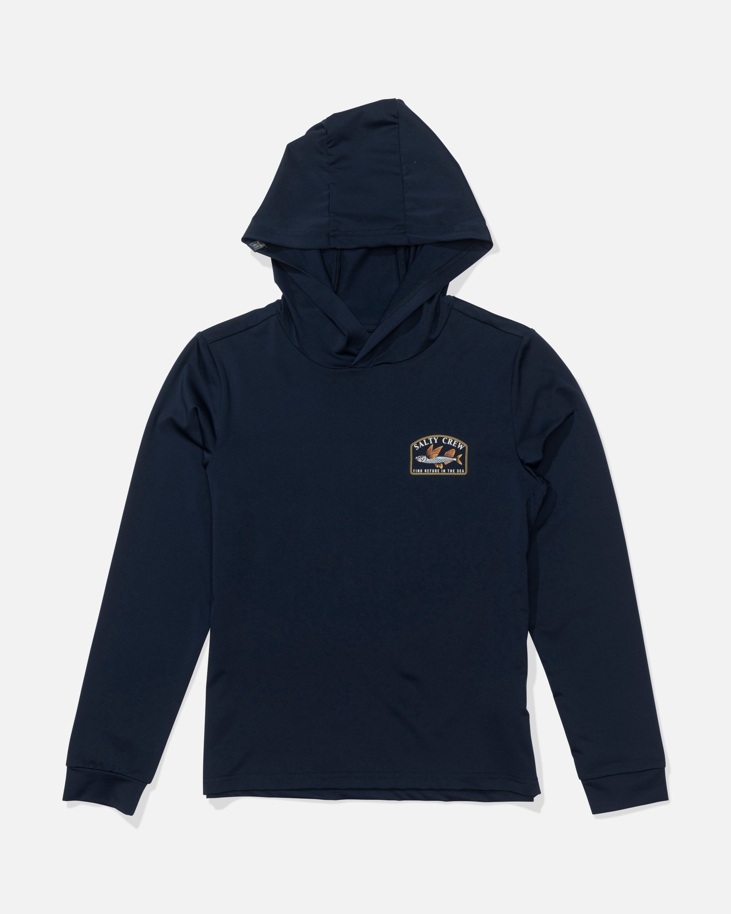 The Salty Crew Flyhome Boys Hooded Sunshirt in navy features UPF 50+ protection, long sleeves, and a left chest patch with graphic and text, shown laid flat on a white background.