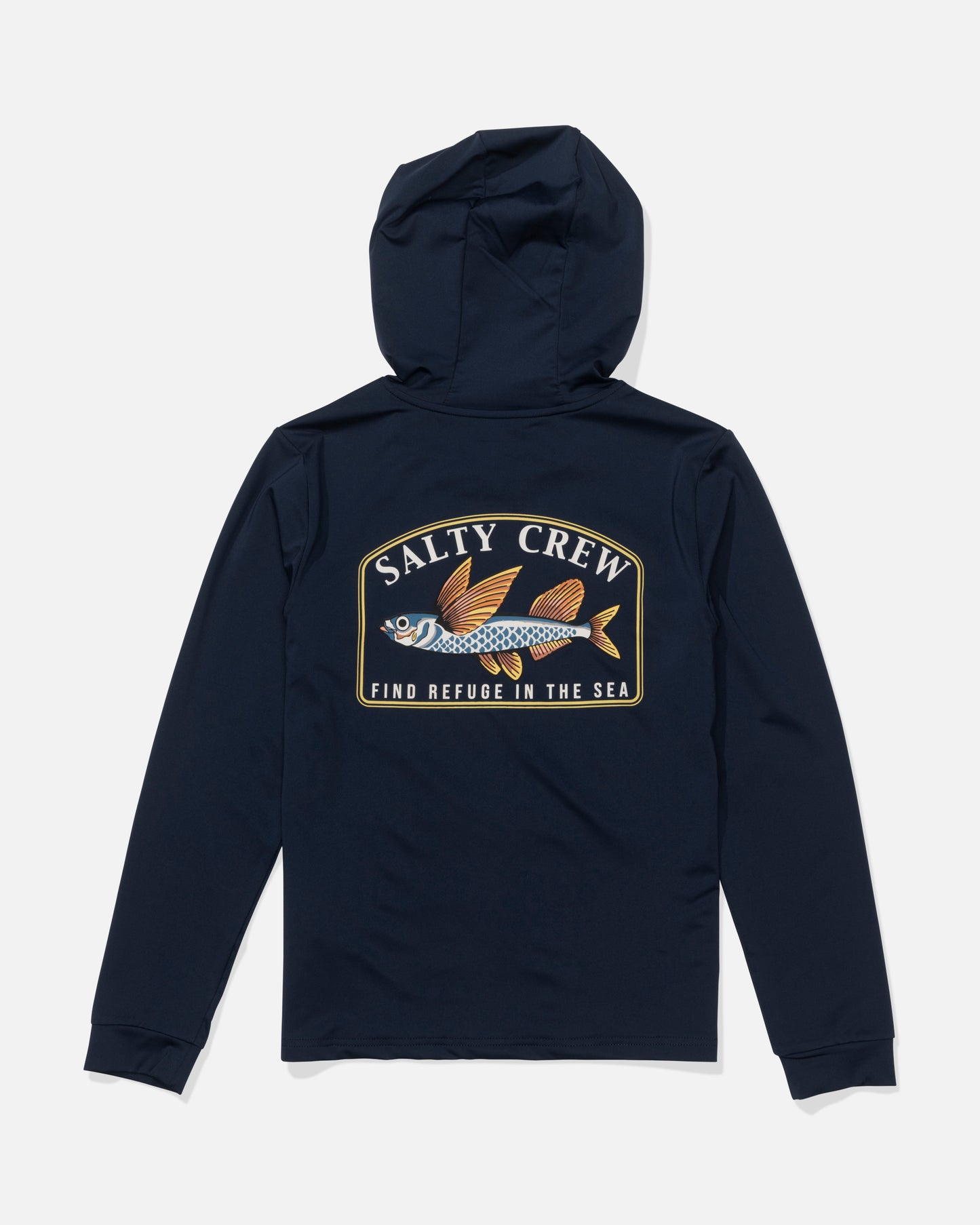 The Salty Crew Flyhome Boys Hooded Sunshirt in navy features a large flying fish back patch with “Salty Crew” above and “Find Refuge in the Sea” below, plus UPF 50+ sun protection for comfort on sunny days.
