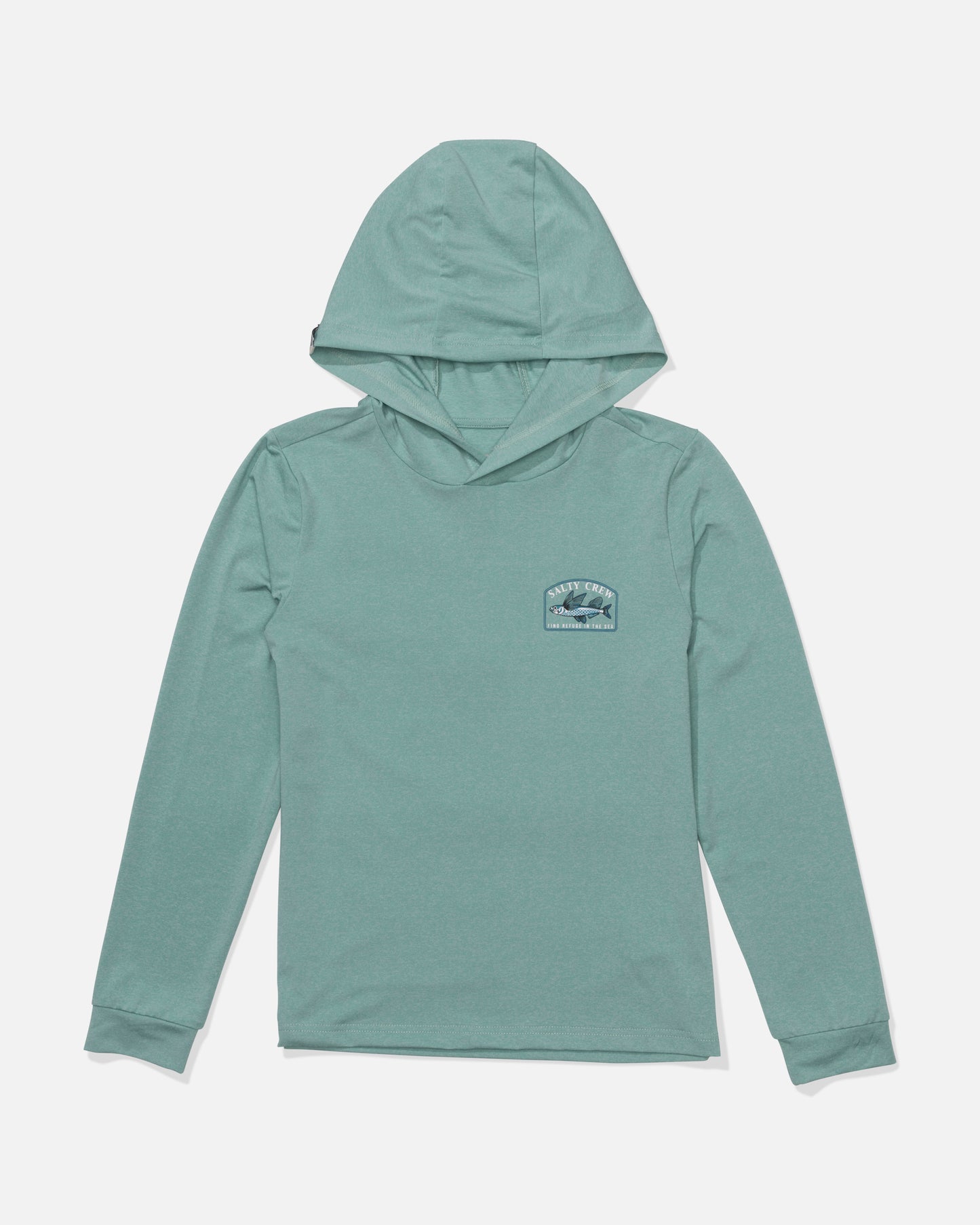 The Salty Crew Flyhome Boy Hood Sunshirt in Seaside Heather is a light teal, long-sleeve sunshirt with UPF 50+ and a wave-sunset patch on the chest, shown laid flat on a white background.