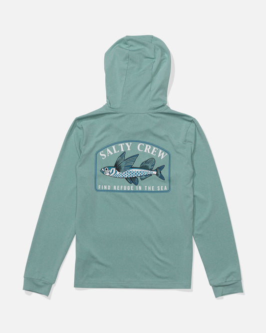 The Salty Crew Flyhome Boy Hood Sunshirt in Seaside Heather is a light teal UPF 50+ sunshirt with a hood, featuring a flying fish back graphic, "SALTY CREW" above, and "FIND REFUGE IN THE SEA" below.