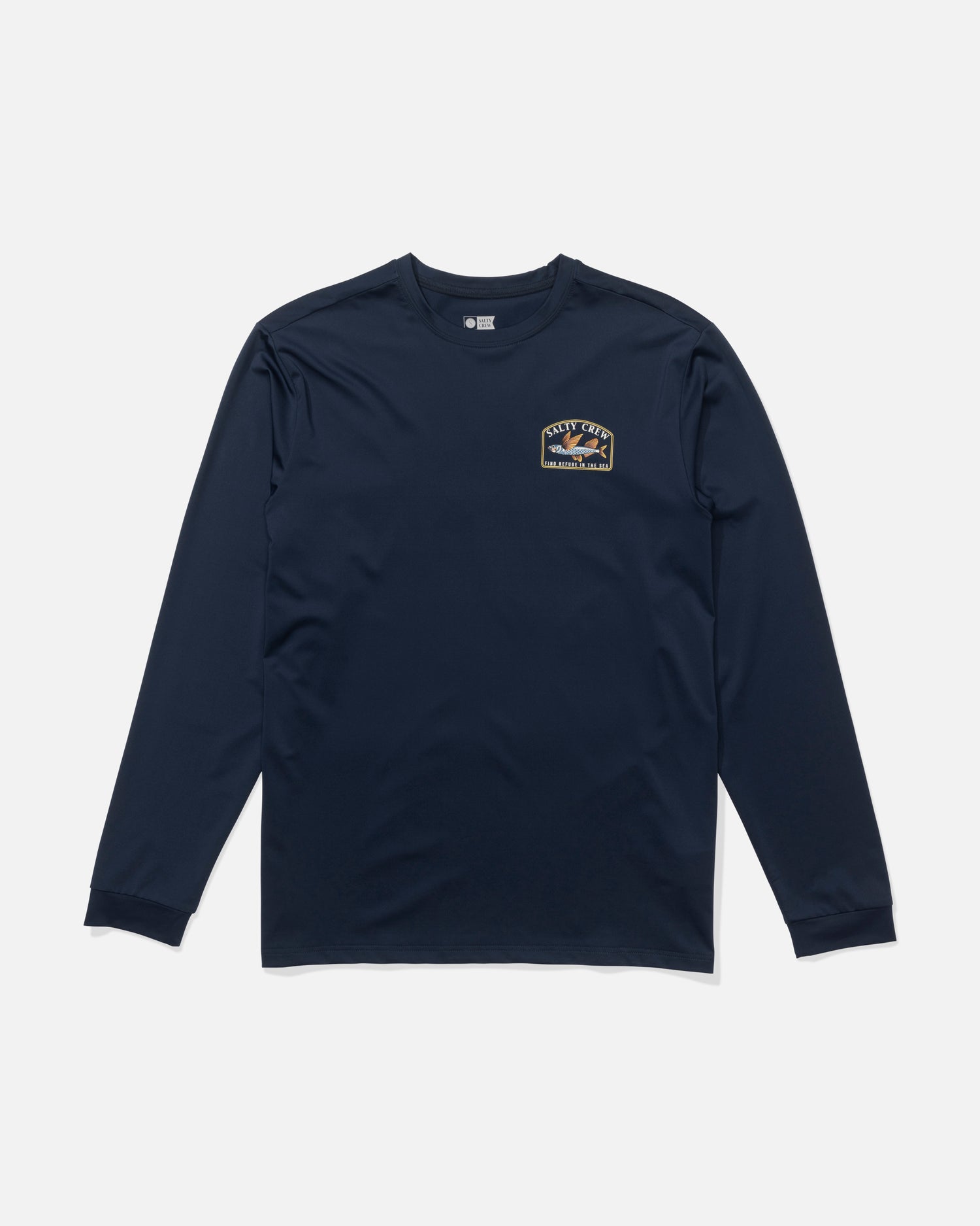 The Salty Crew Fly Home Long Sleeve Sunshirt in navy is shown laid flat on a white background, featuring a small rectangular chest patch with a graphic and text. Made from 4-way stretch fabric for lasting comfort.