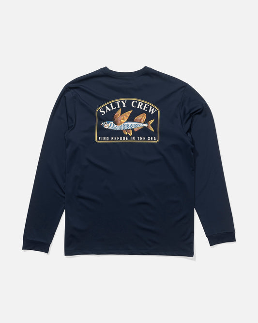 The Salty Crew Fly Home Long Sleeve Sunshirt in navy features a large fish graphic and "SALTY CREW" above "FIND REFUGE IN THE SEA" on the back, with moisture-wicking 4-way stretch fabric for comfort and style.