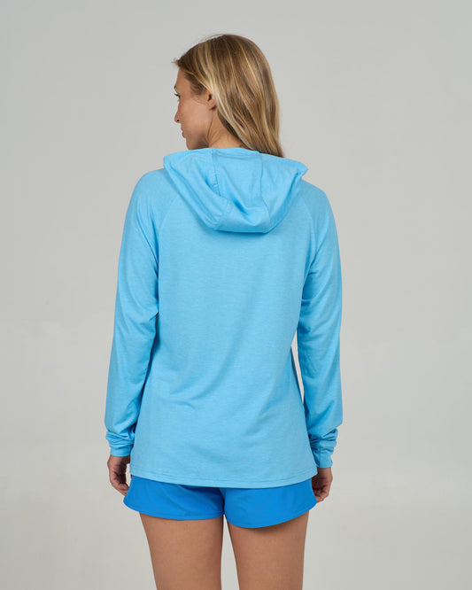 Back view of the Circled Tech Hoody - Pool Blue. 