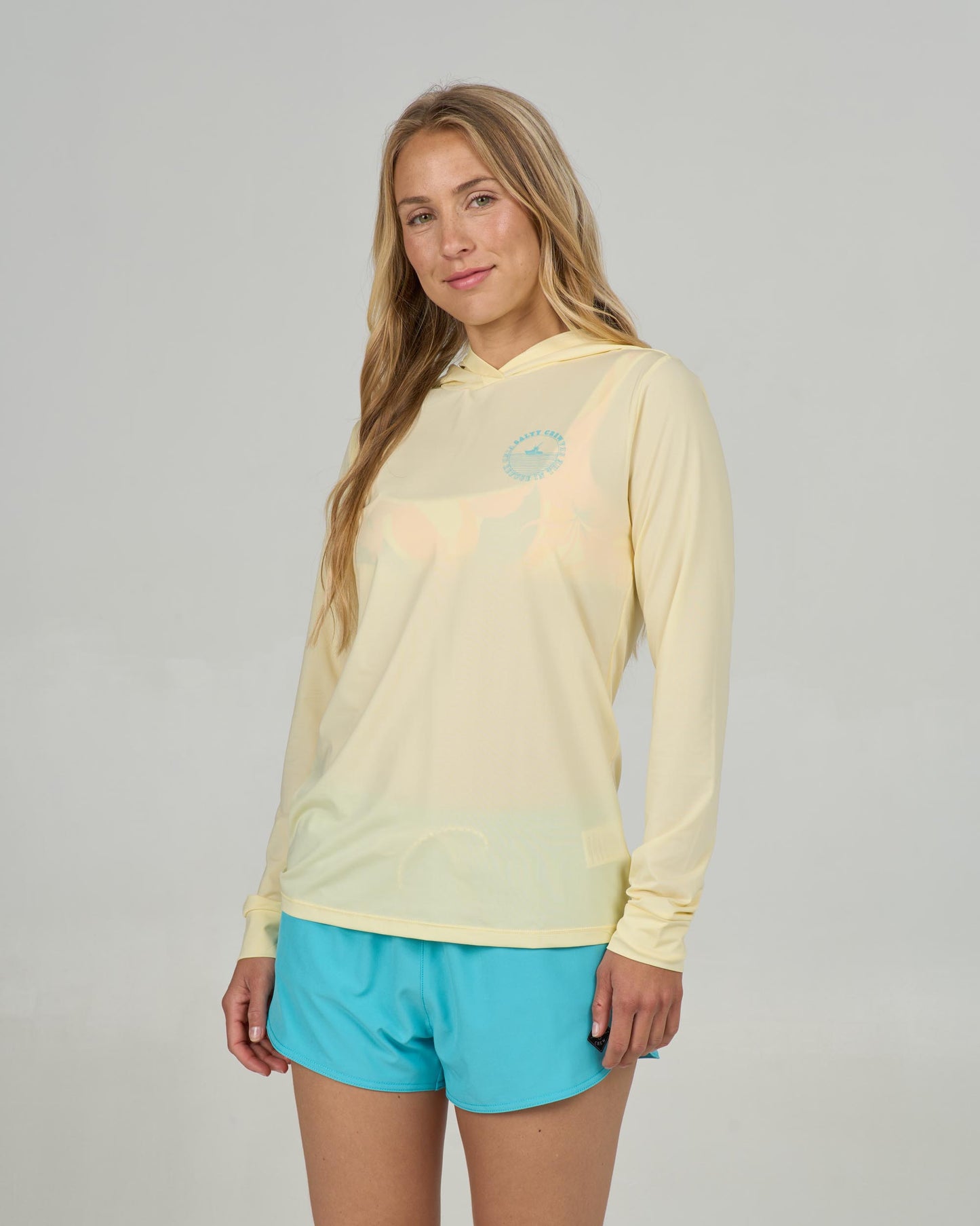 Front view of the Heatwave Hooded Sunshirt - Banana. 