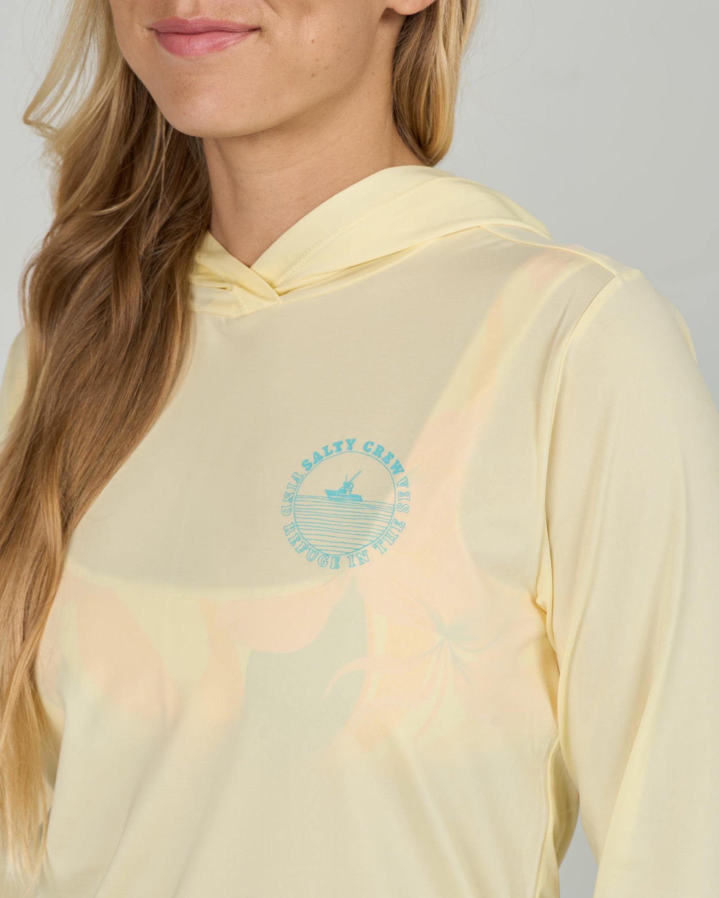 Close up front view of the Heatwave Hooded Sunshirt - Banana. 