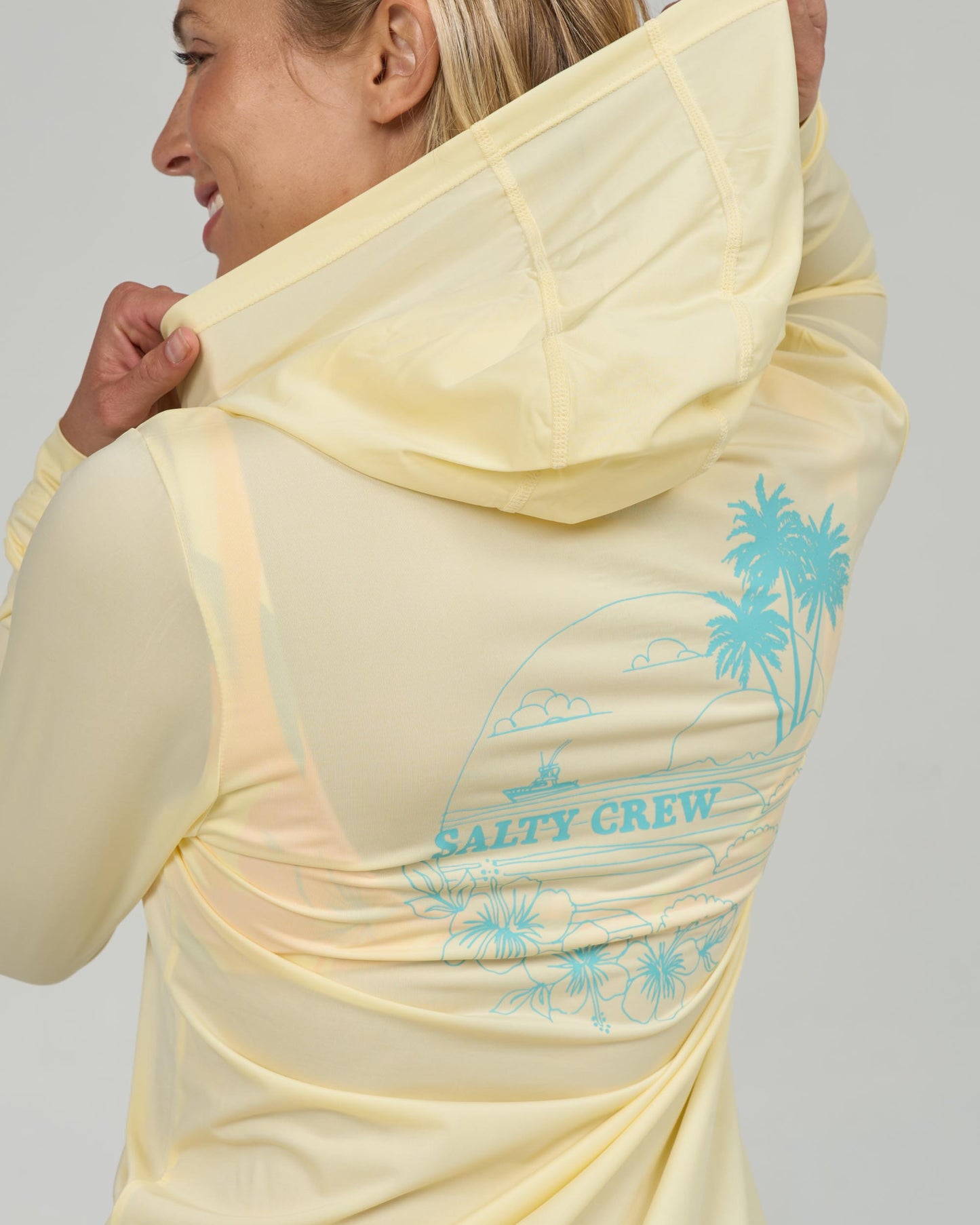 Close up back view of the Heatwave Hooded Sunshirt - Banana 