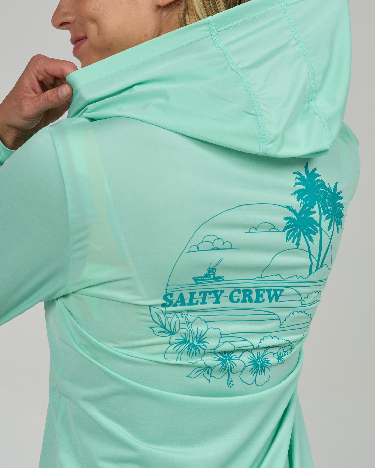 Close up back view of the Heatwave Hooded Sunshirt - Mint. 