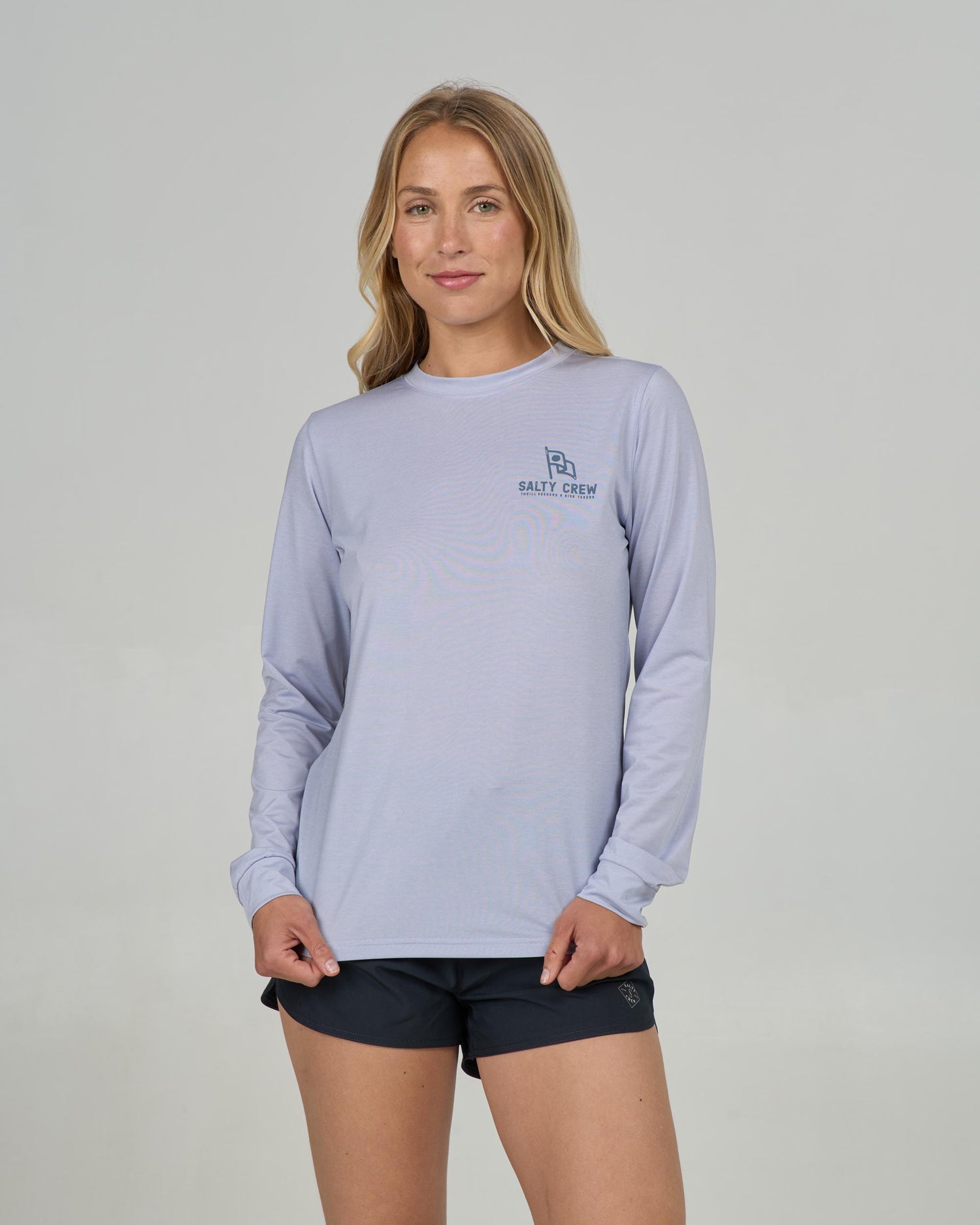 Front view of the Flying High Sunshirt - Fog. 
