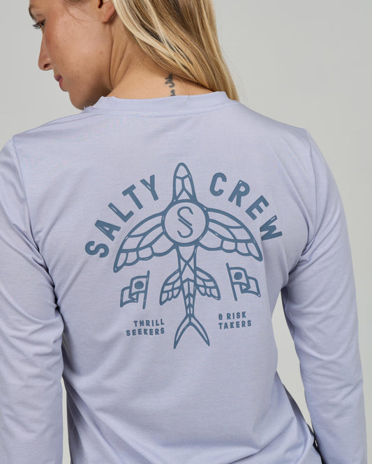 Close up back view of the Flying High Sunshirt - Fog. 