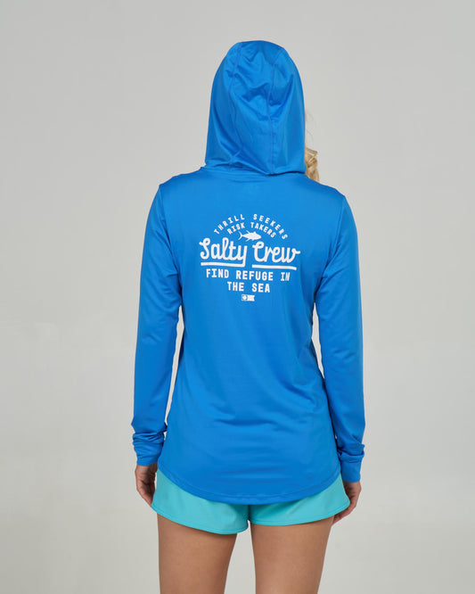 Back view of the Scripted Hooded Sunshirt - Bold Blue. 