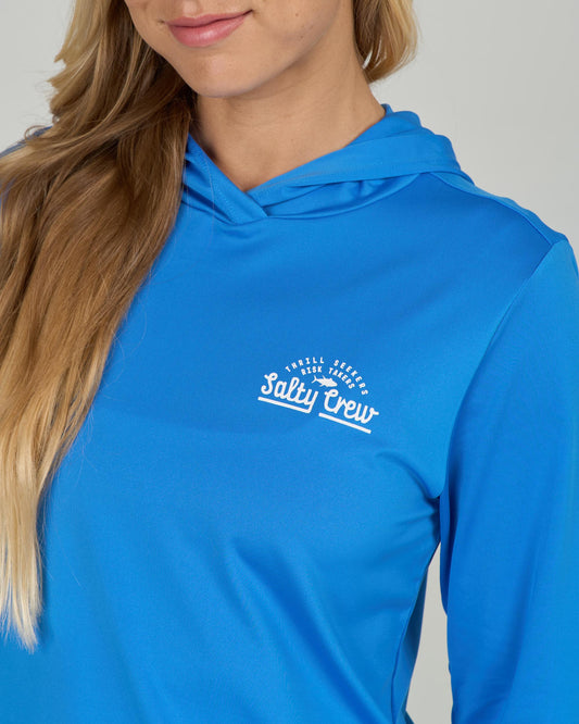 Close up shot of the Scripted Hooded Sunshirt - Bold Blue. 