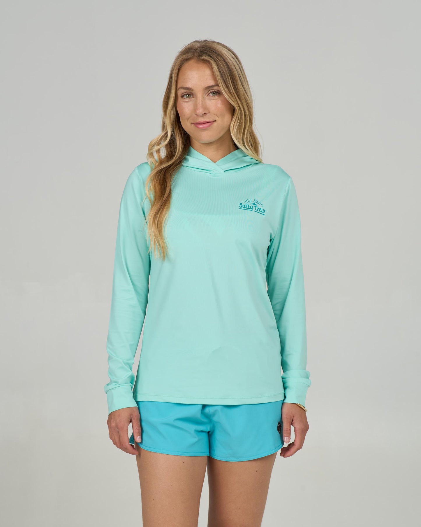 Front view of the Scripted Hooded Sunshirt - Mint. 
