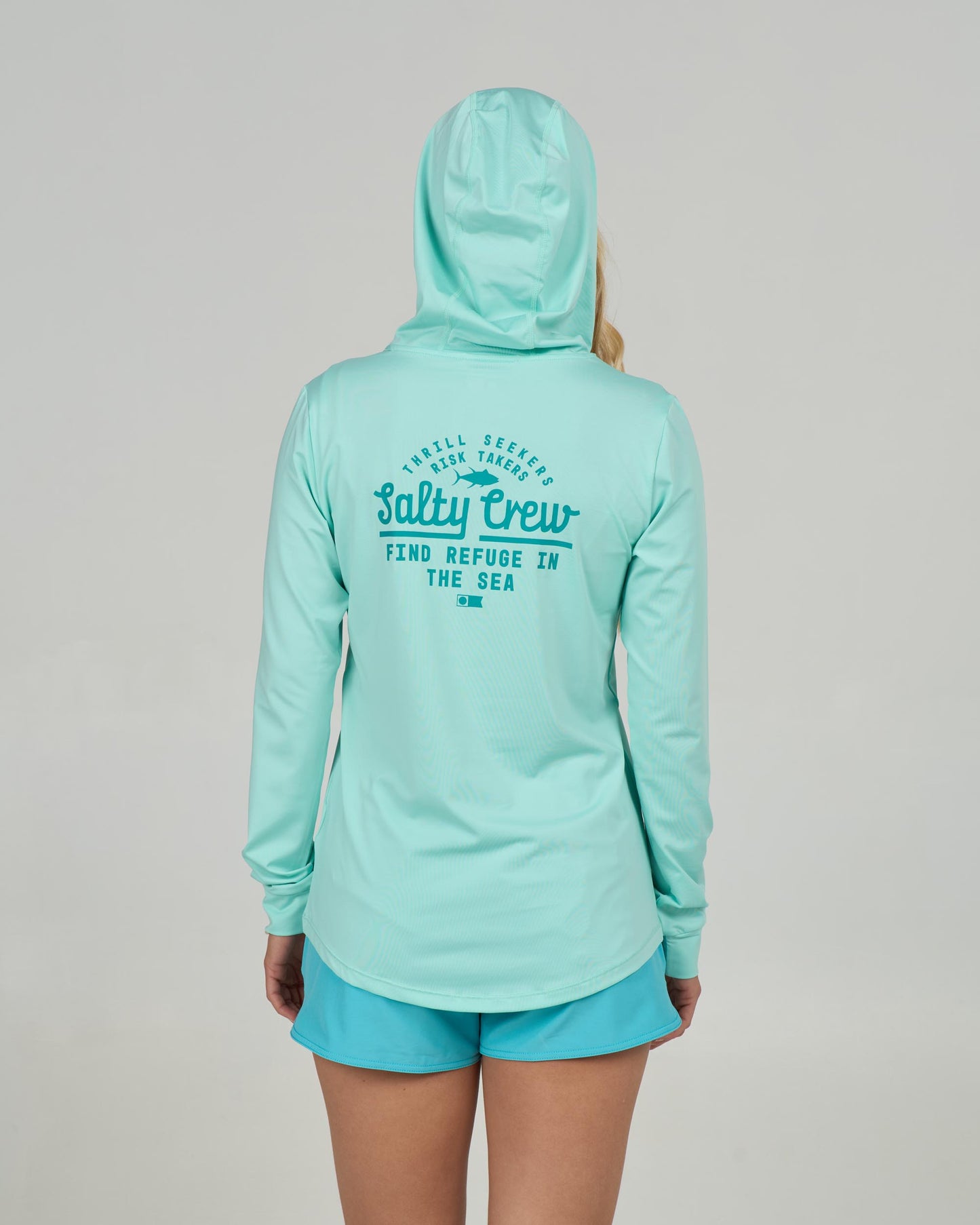 Back view of the Scripted Hooded Sunshirt - Mint. 
