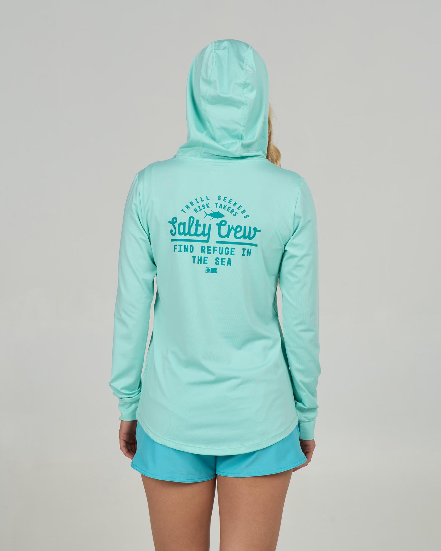 Back view of the Scripted Hooded Sunshirt - Mint. 