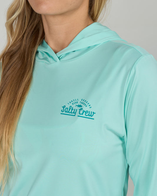 Close up shot of the Scripted Hooded Sunshirt - Mint. 