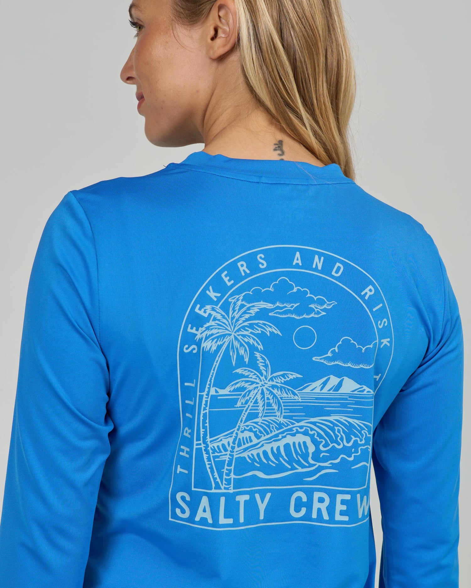 Close up back shot of the Archway Sunshirt - Bold Blue. 