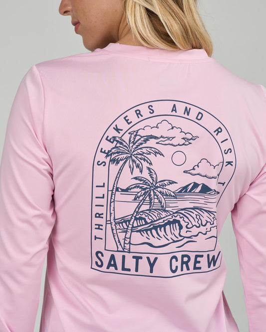 Close up back view of the Archway Sunshirt - Pink Skies. 