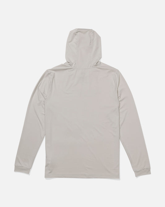 A Salty Crew Flagship Hood Sunshirt in Athletic Heather, featuring UPF 50+ sun protection, is laid flat and viewed from the back to display its hood and minimalist design against a white background.