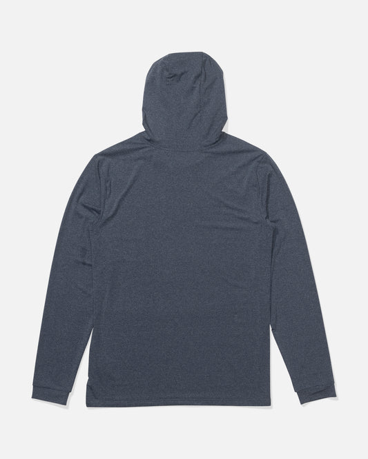 A Salty Crew Flagship Hood Sunshirt in Navy Heather is laid flat, back up on a white background, featuring long sleeves, a hood, and UPF 50+ sun protection for outdoor comfort.