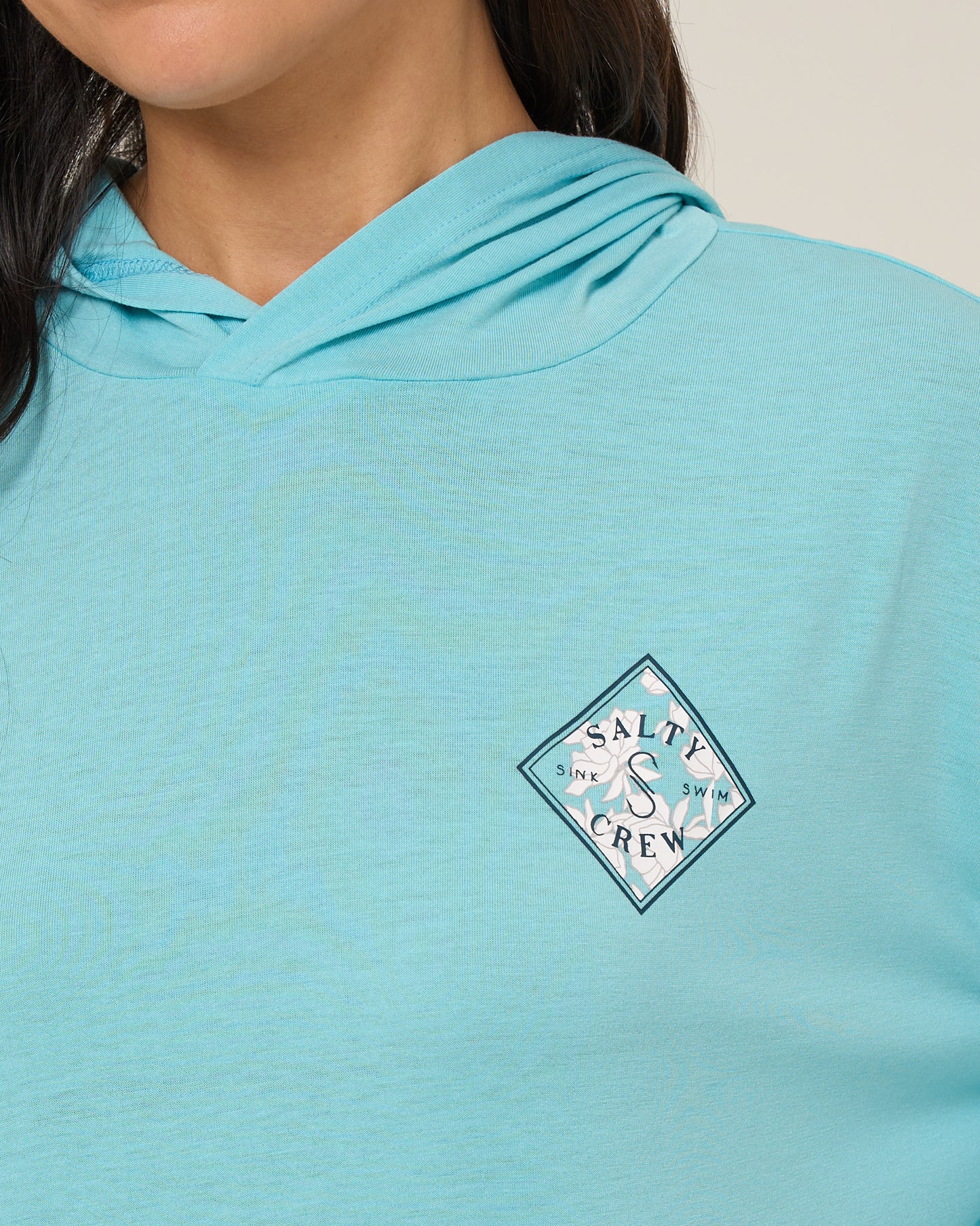Close up front view of the Tippet Fill Tech Hoody - Aquamarine. 