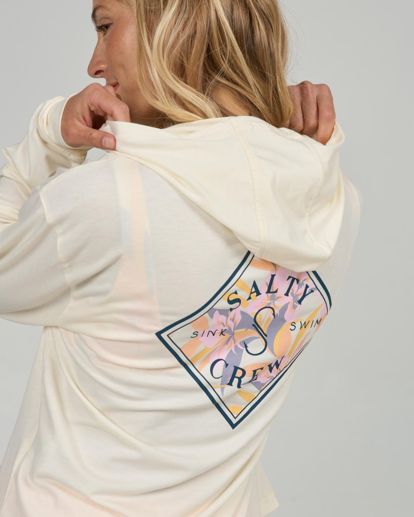 Close up back view of the Tippet Fill Tech Hoody - Off White.