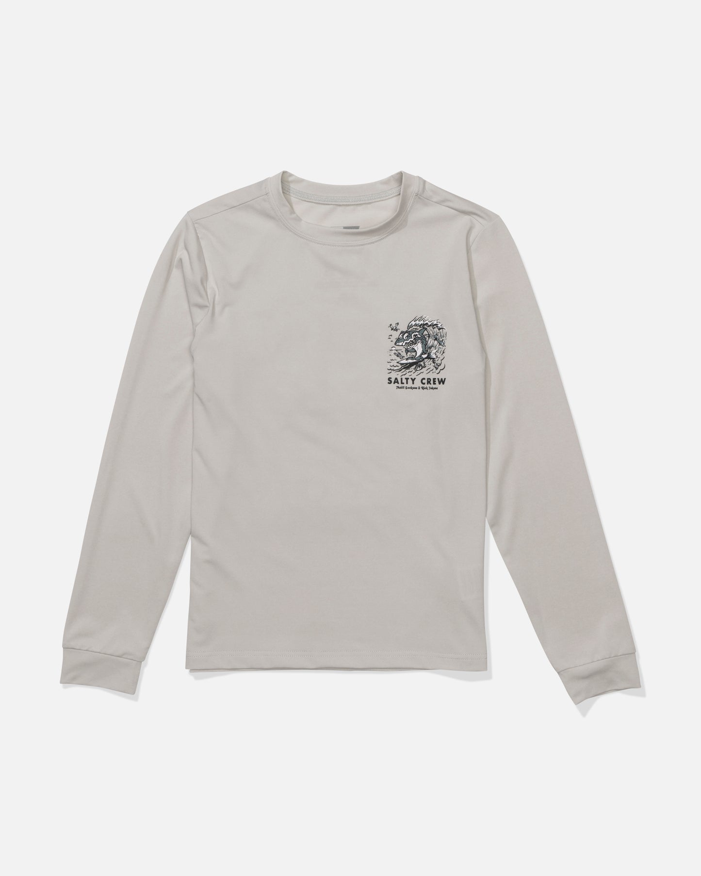 The Salty Crew Surf Shark Boys Sunshirt in Athletic Heather is a lightweight, long sleeve top with a logo and UPF 50+ sun protection.