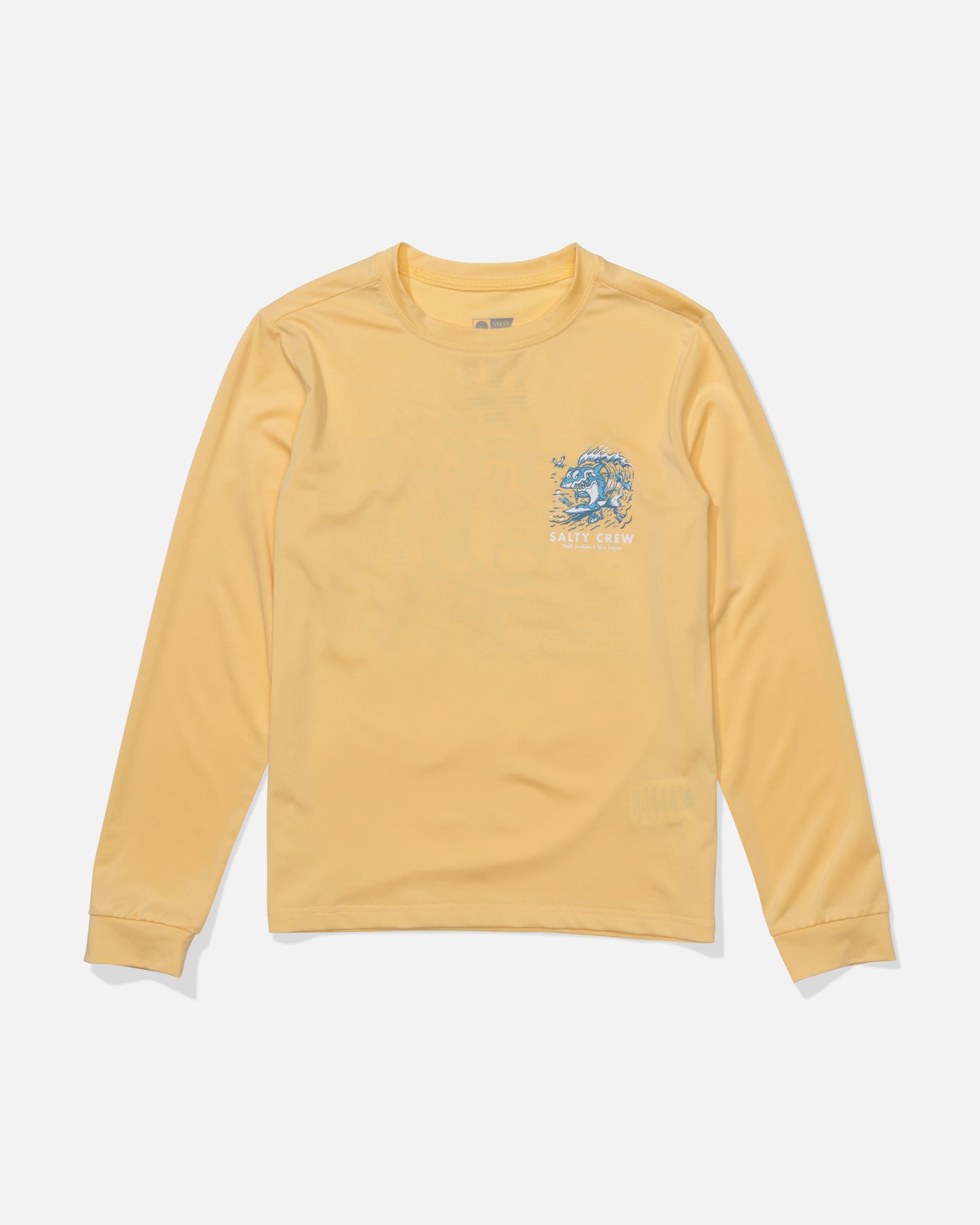 The Salty Crew Surf Shark Boys Sunshirt in light orange is a lightweight long-sleeve top with a small blue graphic and “Salty Crew” on the left chest, offering UPF 50+ sun protection, shown on a white background.