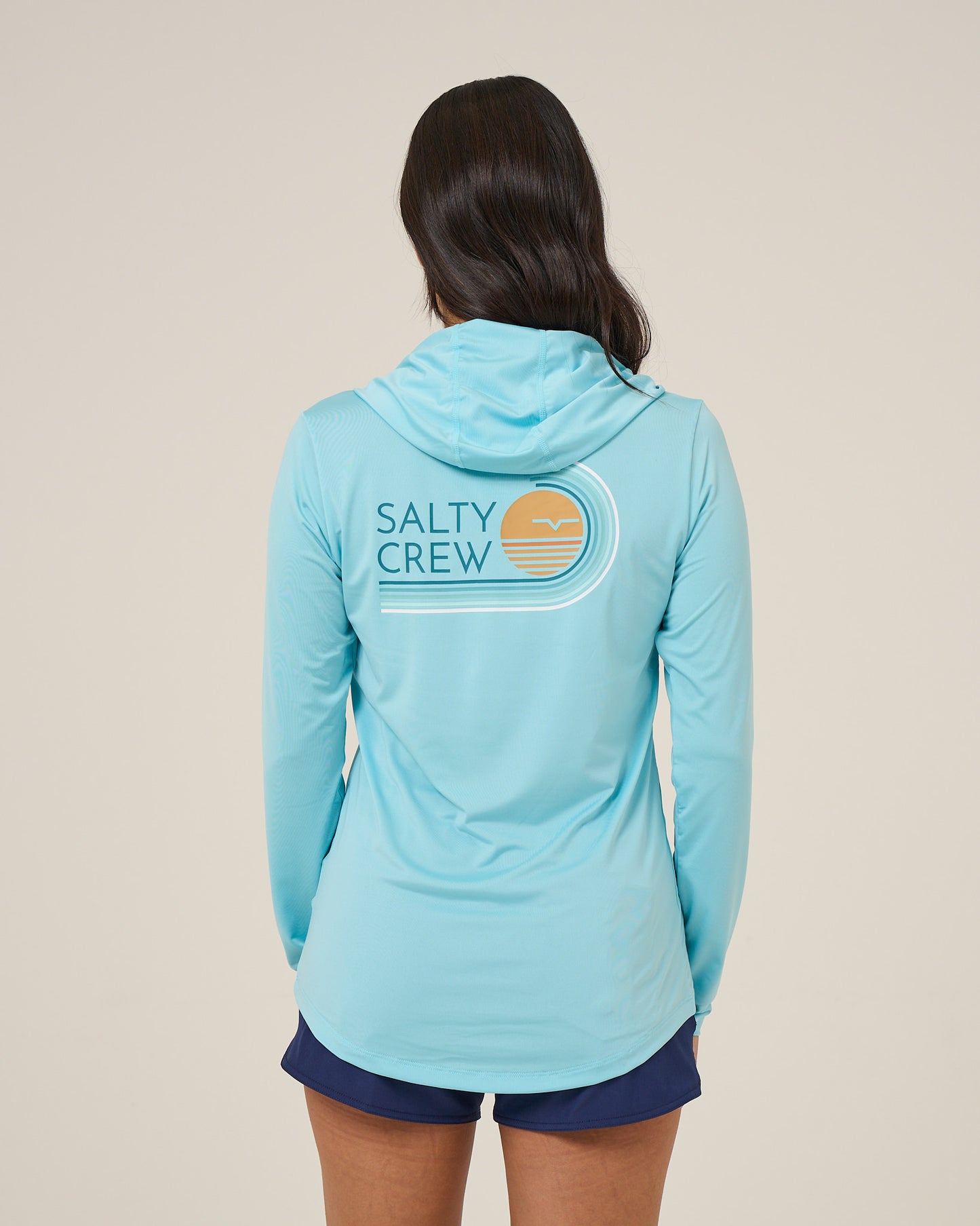 Back view of the Ombre Wave Hood Sunshirt - Aquamarine. 
