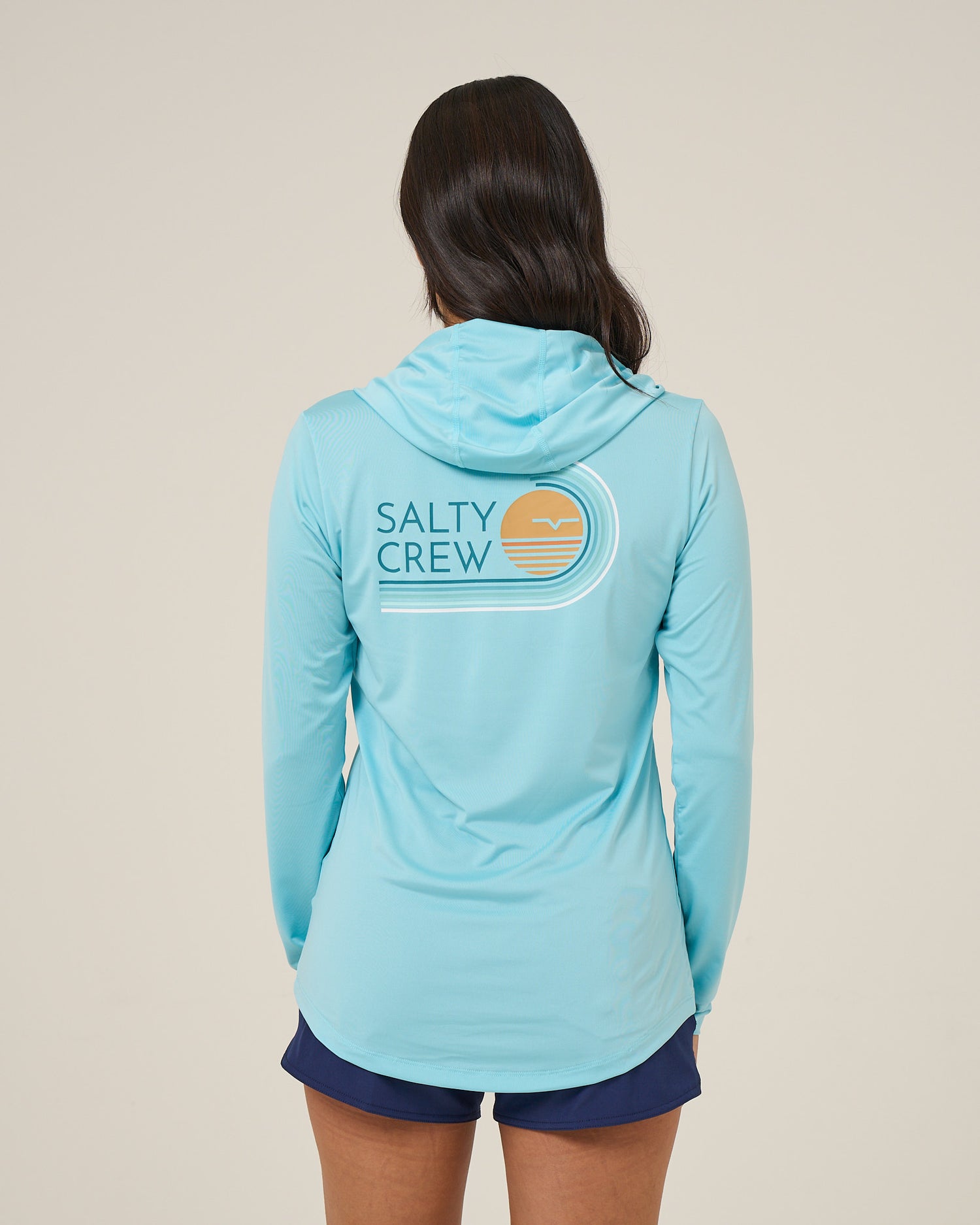 Back view of the Ombre Wave Hood Sunshirt - Aquamarine. 