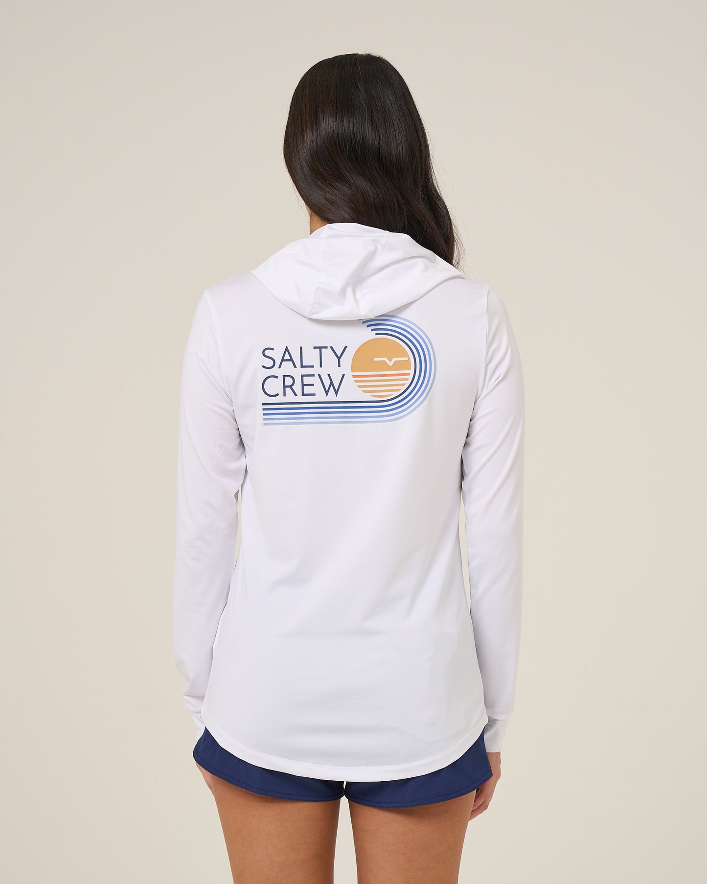 Back view of the Ombre Wave Hood Sunshirt - White. 