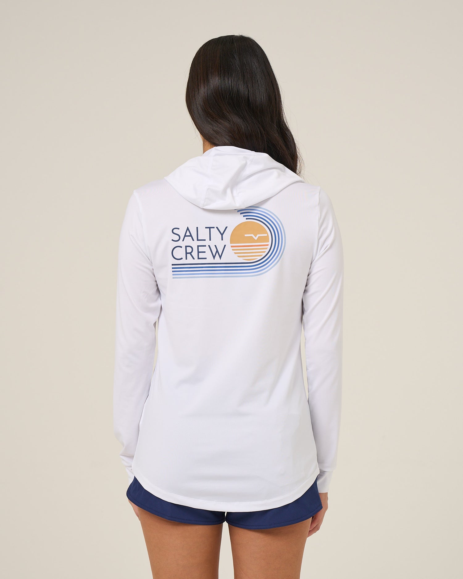 Back view of the Ombre Wave Hood Sunshirt - White. 
