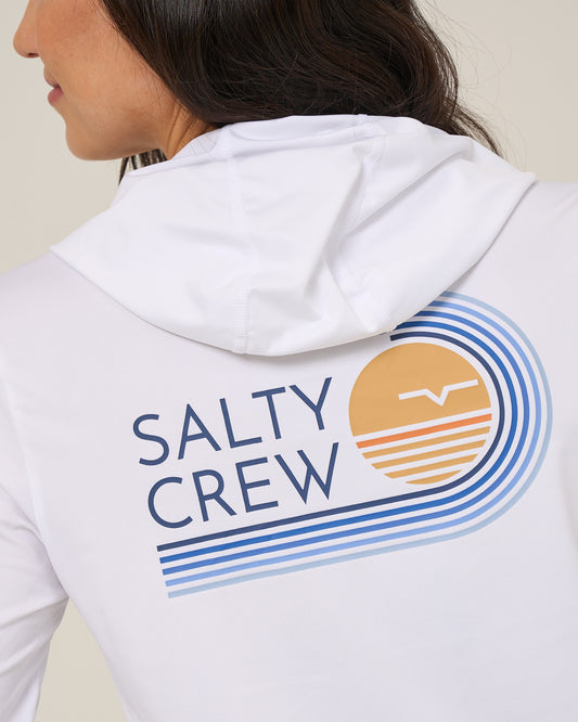 Close up back view of the Ombre Wave Hood Sunshirt - White. 