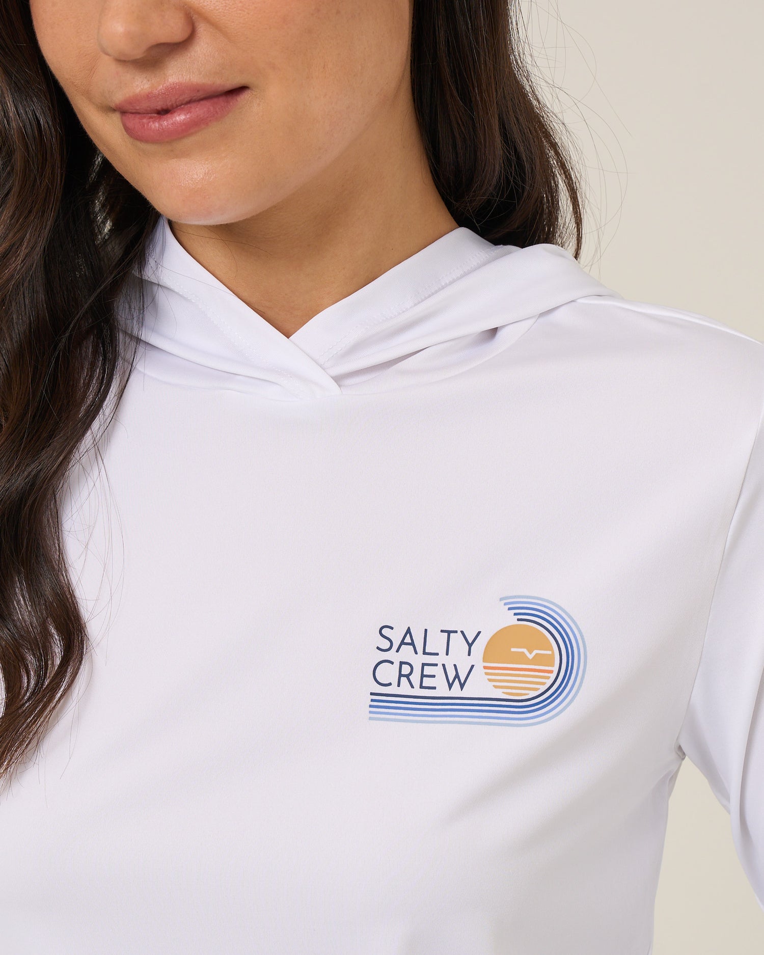 Close up front view of the Ombre Wave Hood Sunshirt - White. 
