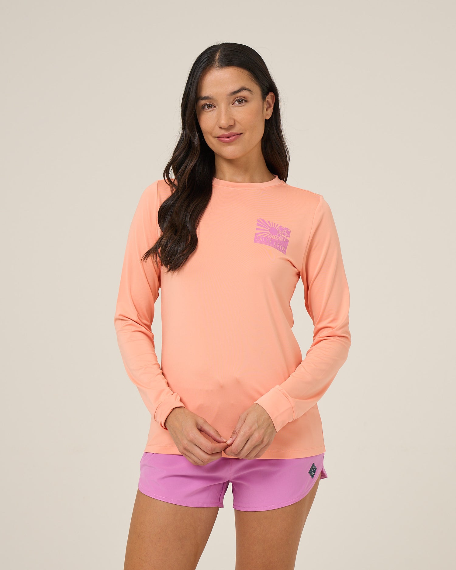 Front view of the Rise And Smile Sunshirt - Papaya. 