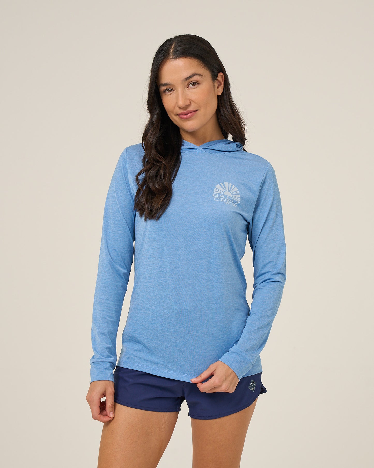 Front view of the Sunshine Hooded Sunshirt - Ash Blue. 