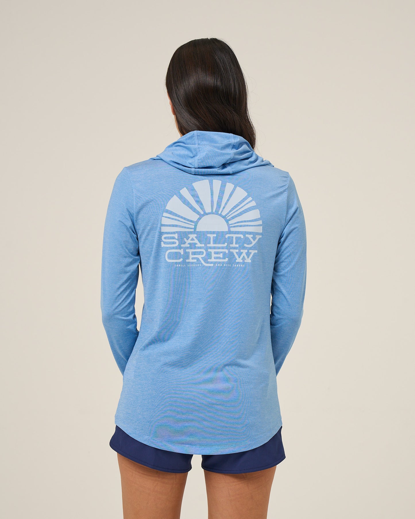 Back view of the Sunshine Hooded Sunshirt - Ash Blue. 