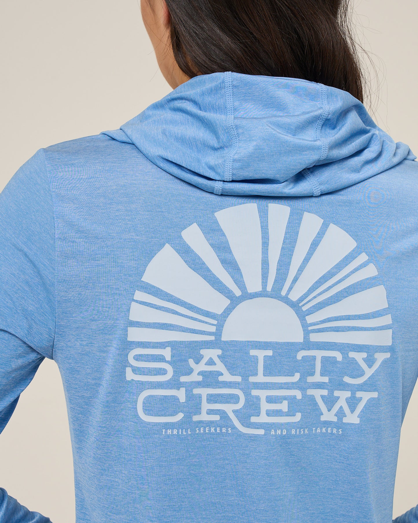 Close up back view of the Sunshine Hooded Sunshirt - Ash Blue. 