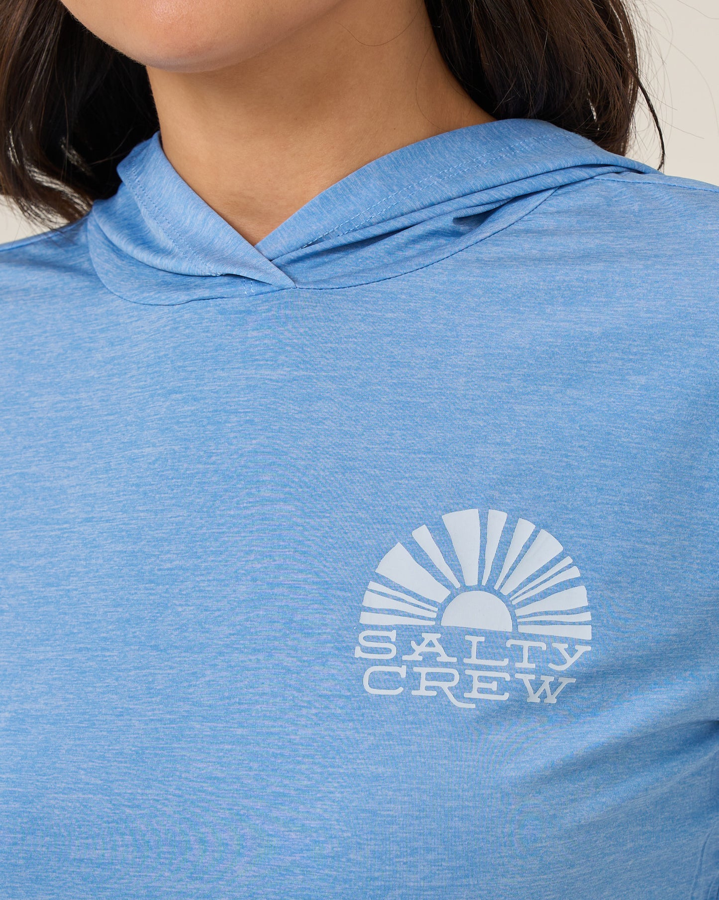 Close up front view of the Sunshine Hooded Sunshirt - Ash Blue. 