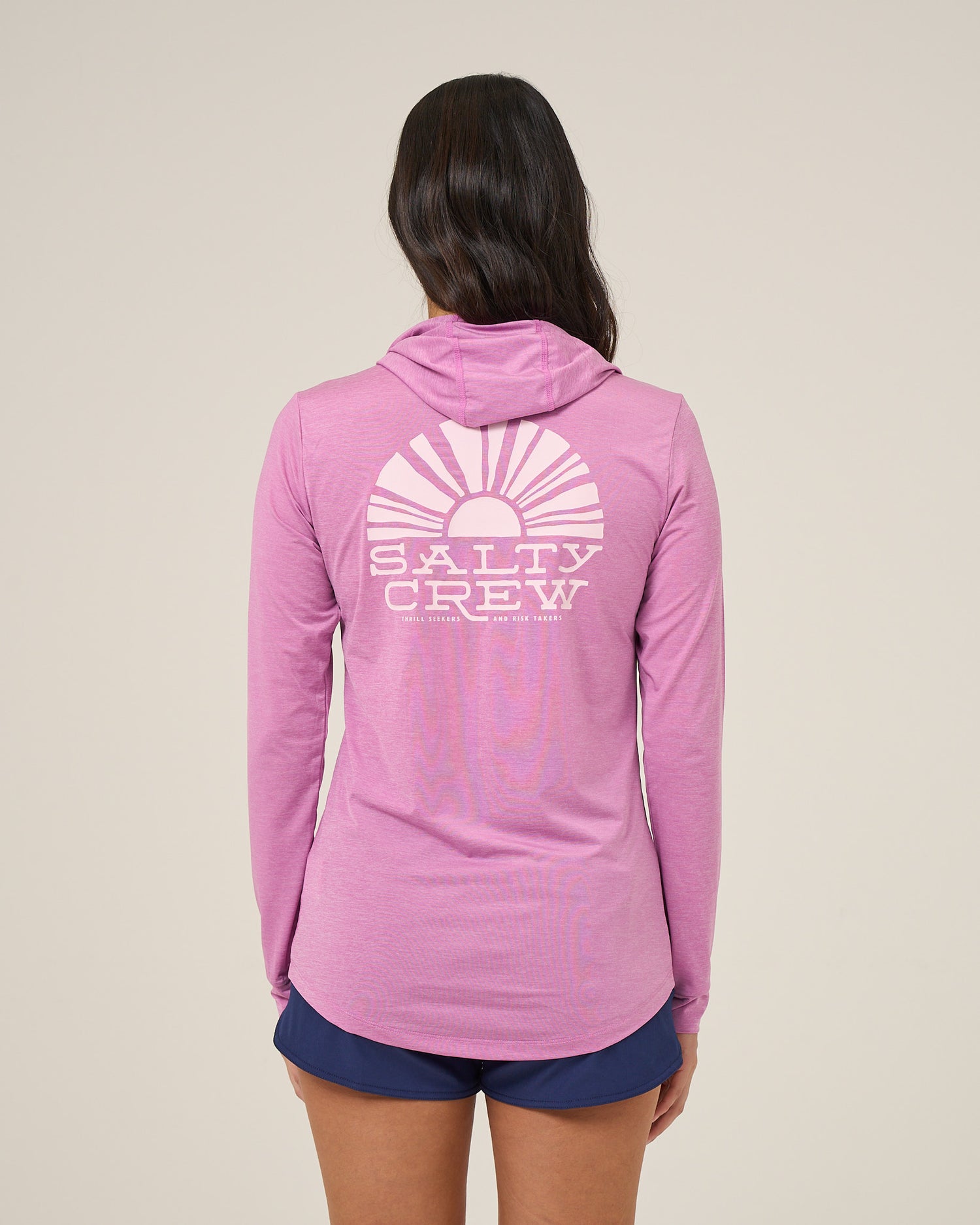 Back view of the Sunshine Hooded Sunshirt - Violet. 