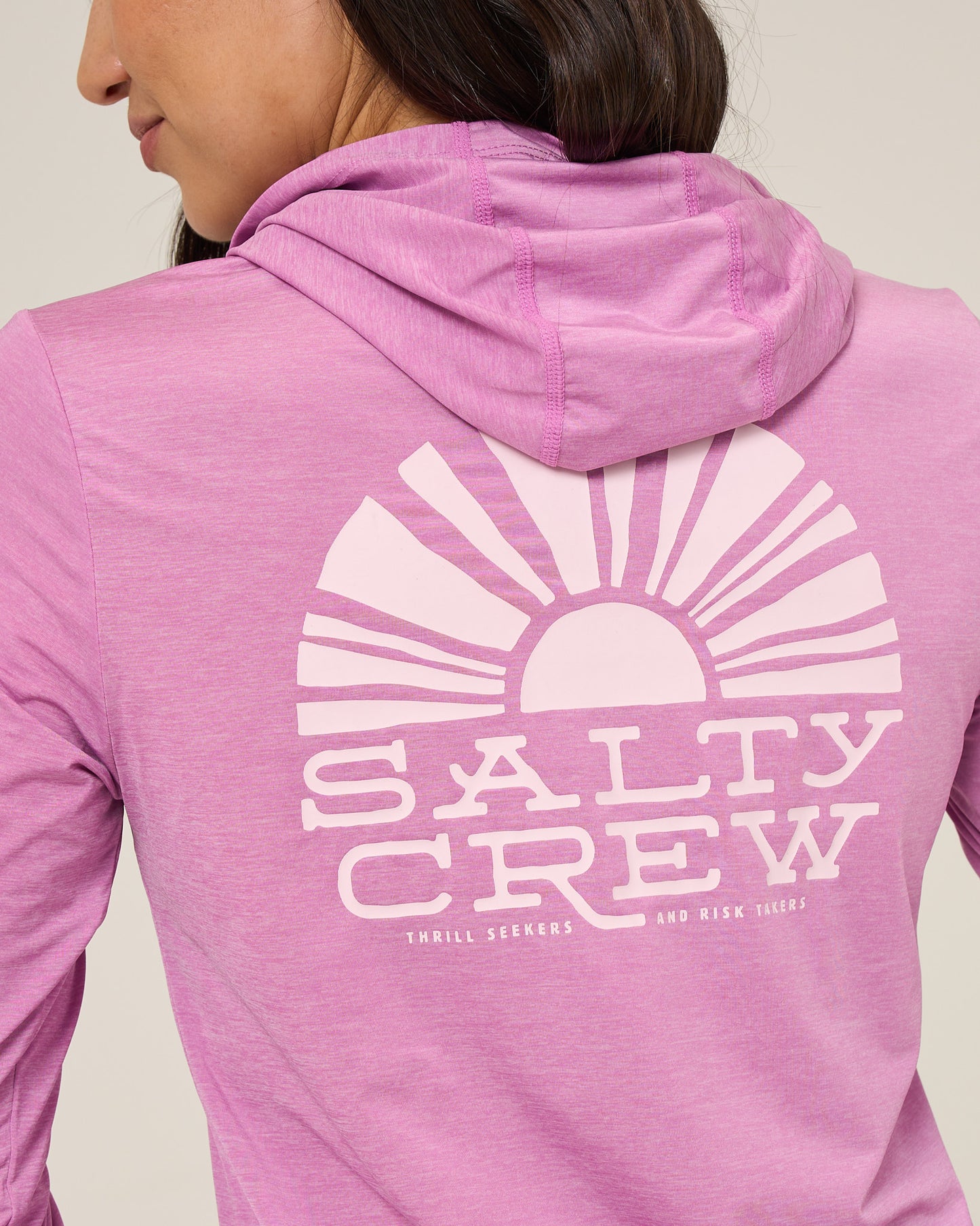 Close up back view of the Sunshine Hooded Sunshirt - Violet. 