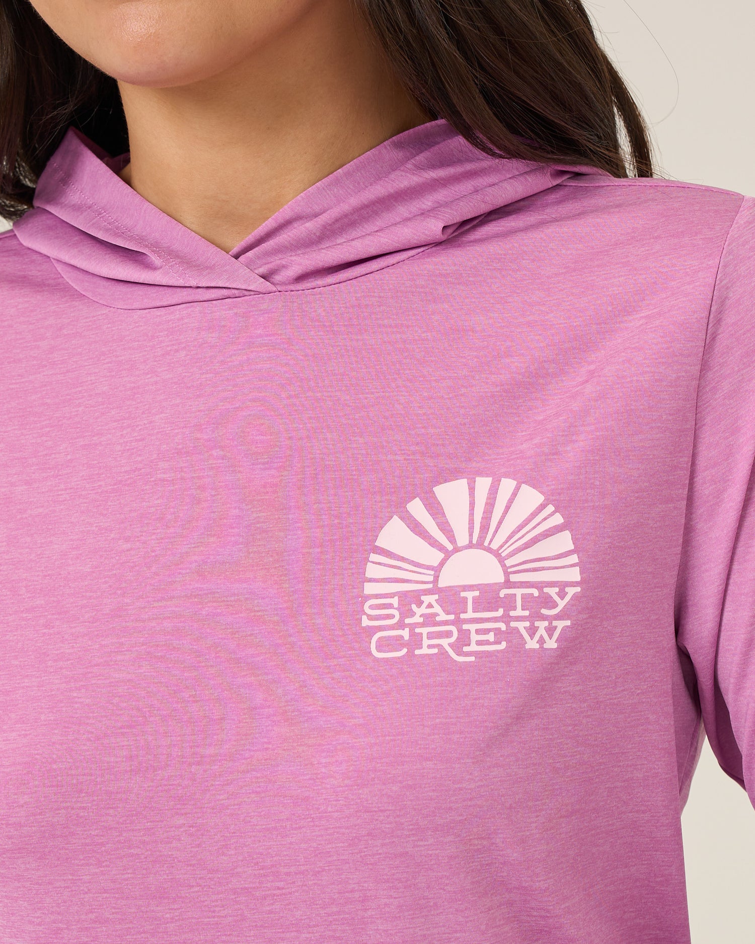 Close up front view of the Sunshine Hooded Sunshirt - Violet. 