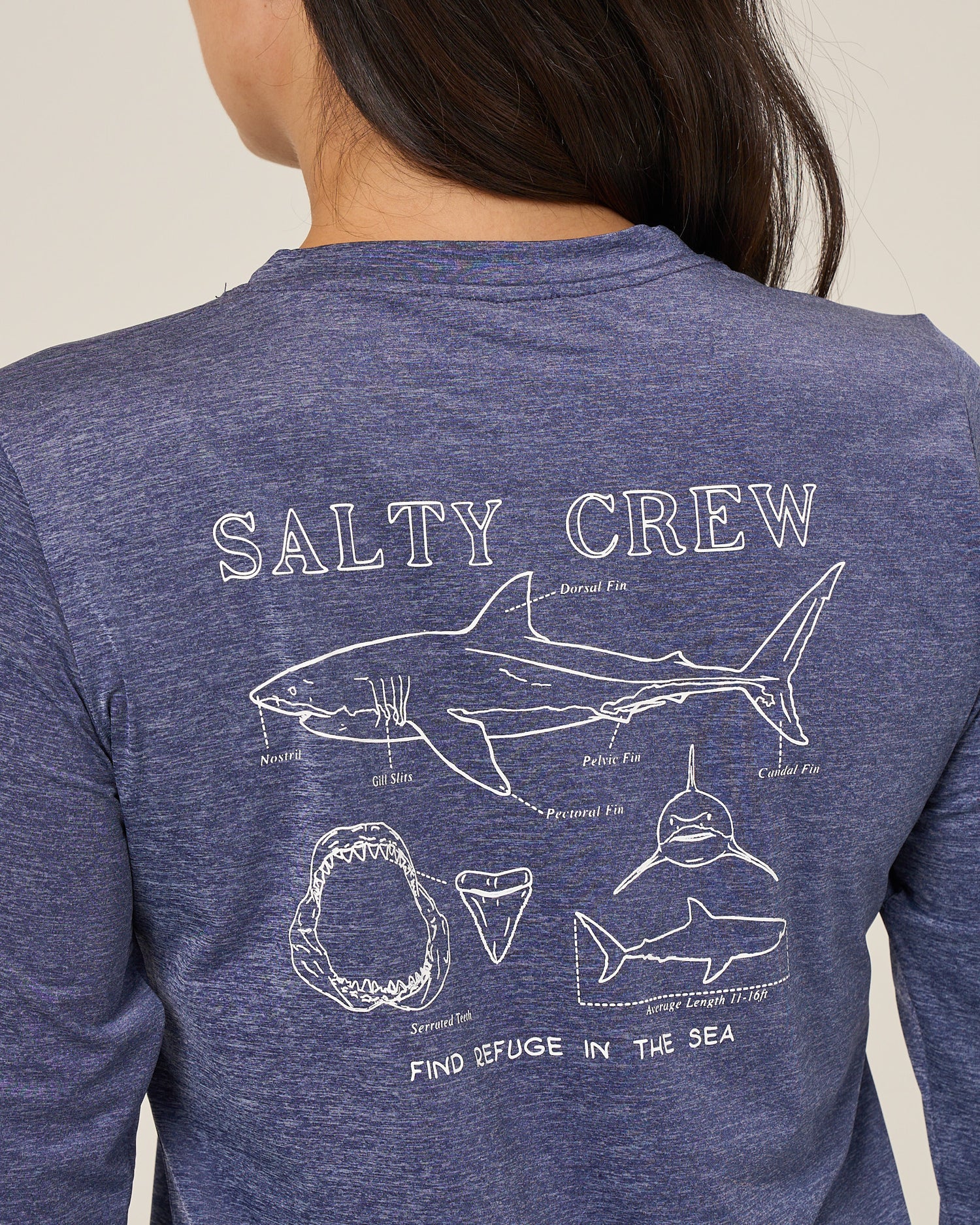 Close up back view of the Shark Anatomy Sunshirt - Bright Navy. 