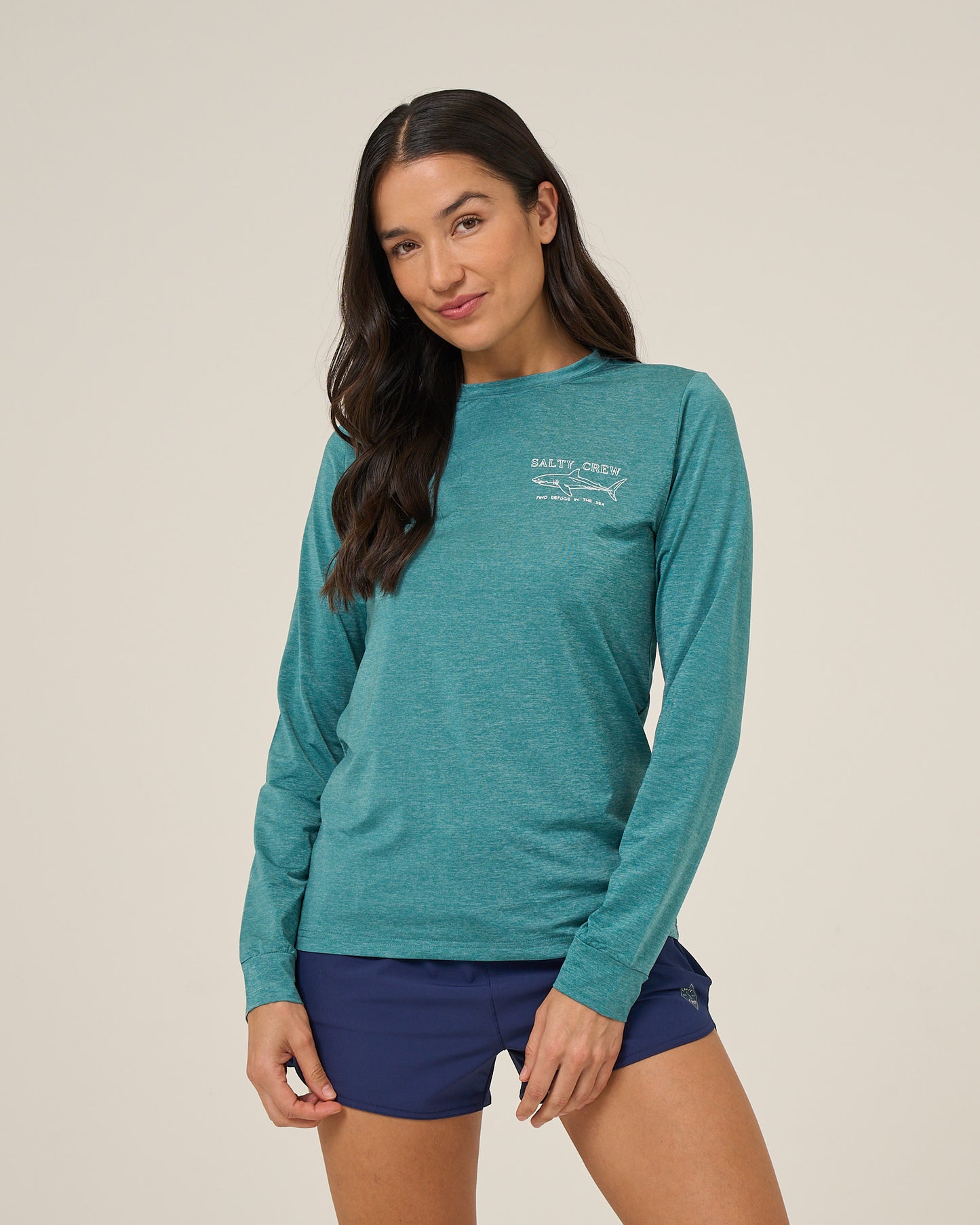 Front view of the Shark Anatomy Sunshirt - Teal. 