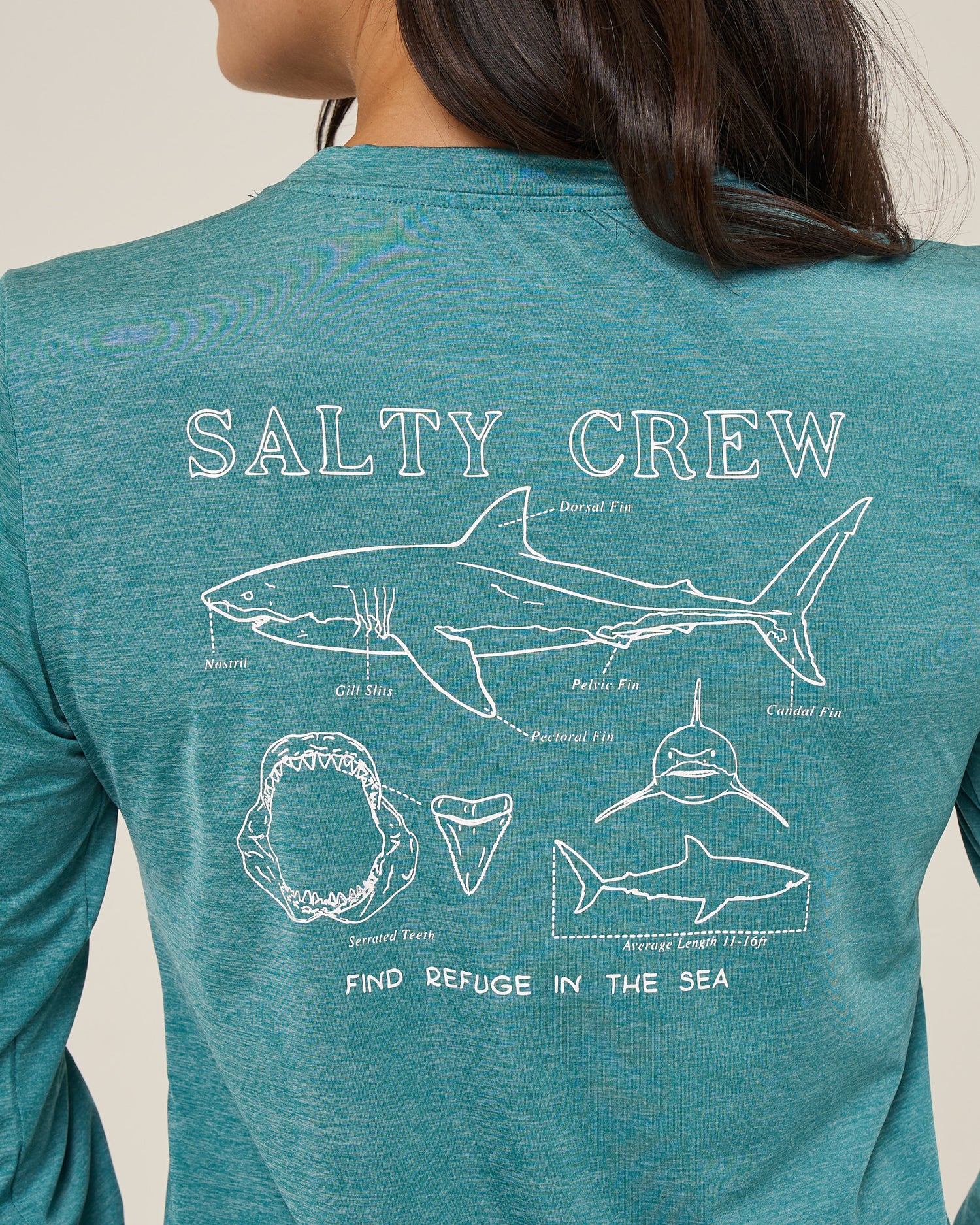 Close up back view of the Shark Anatomy Sunshirt - Teal. 
