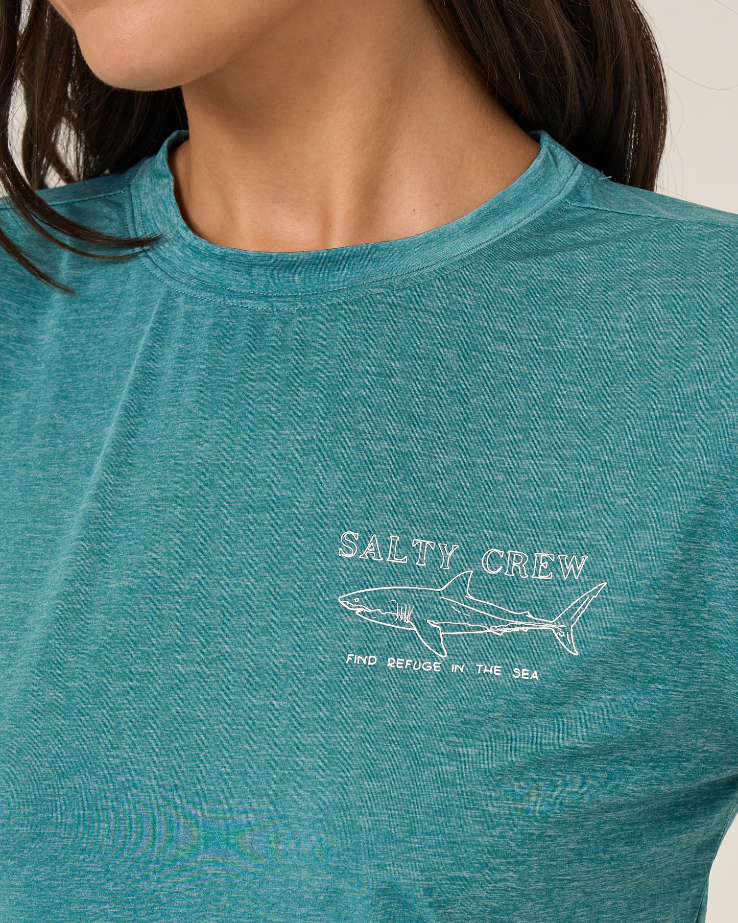 Close up front view of the Shark Anatomy Sunshirt - Teal. 
