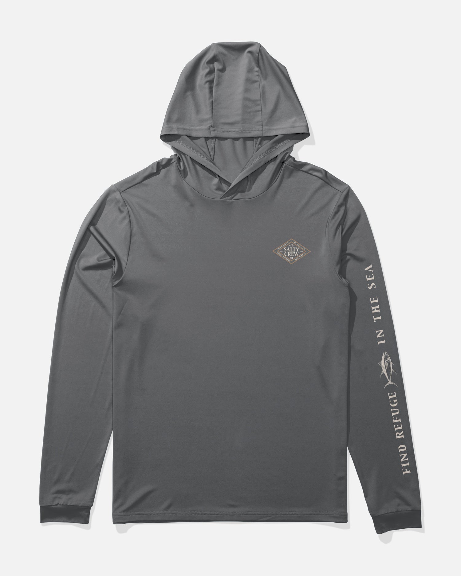 Front view of the Iconic Hood Sunshirt - Charcoal. 