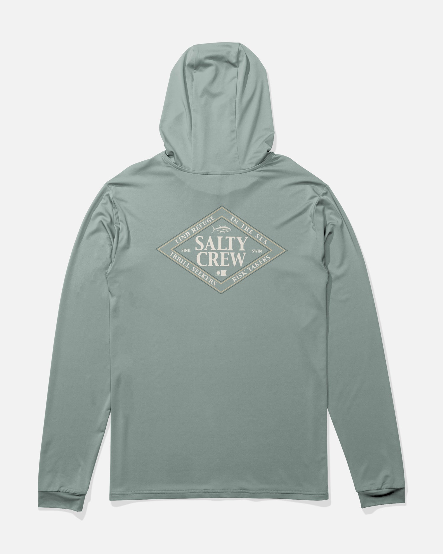 Back view of the Iconic Hood Sunshirt - Jade. 