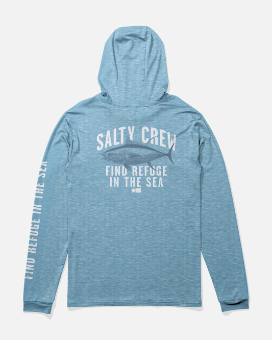 Back view of the Bitmap Boys Hood Sunshirt - Blue Heather. 