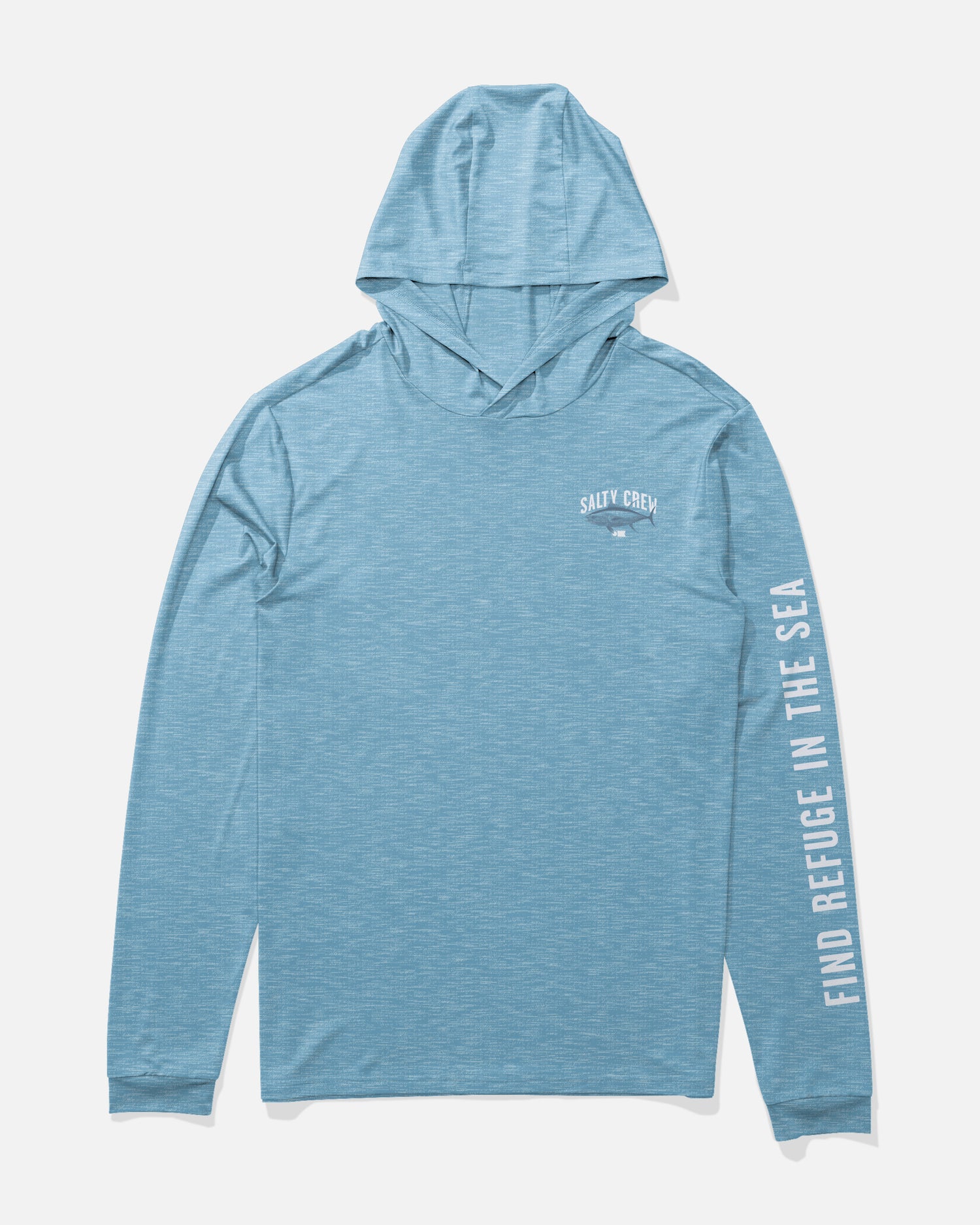Front view of the Bitmap Hood Sunshirt - Blue Heather.