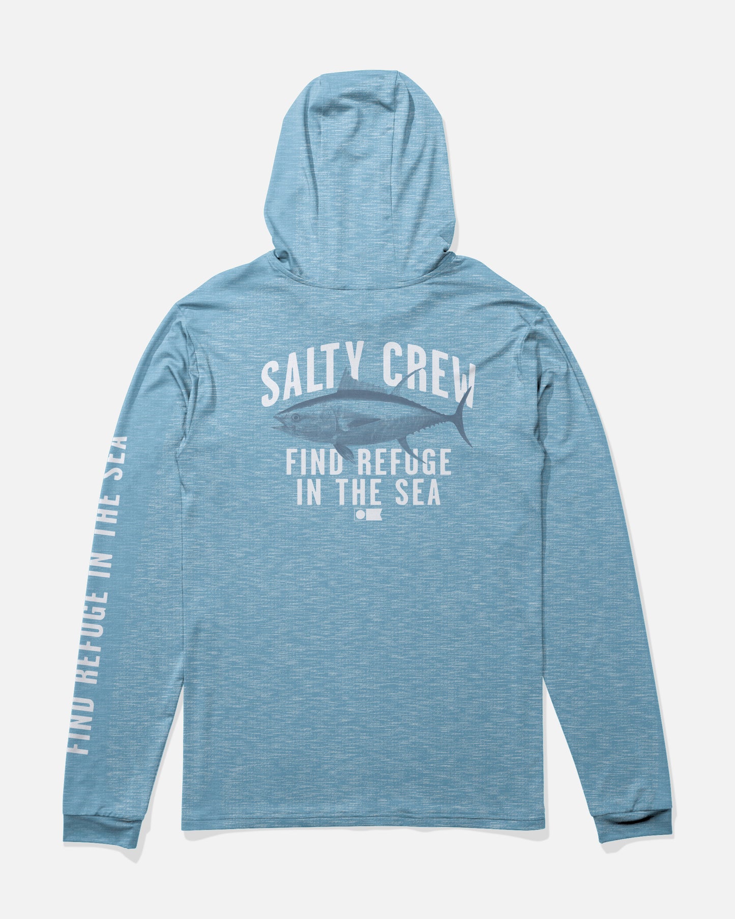 Back view of the Bitmap Hood Sunshirt - Blue Heather. 